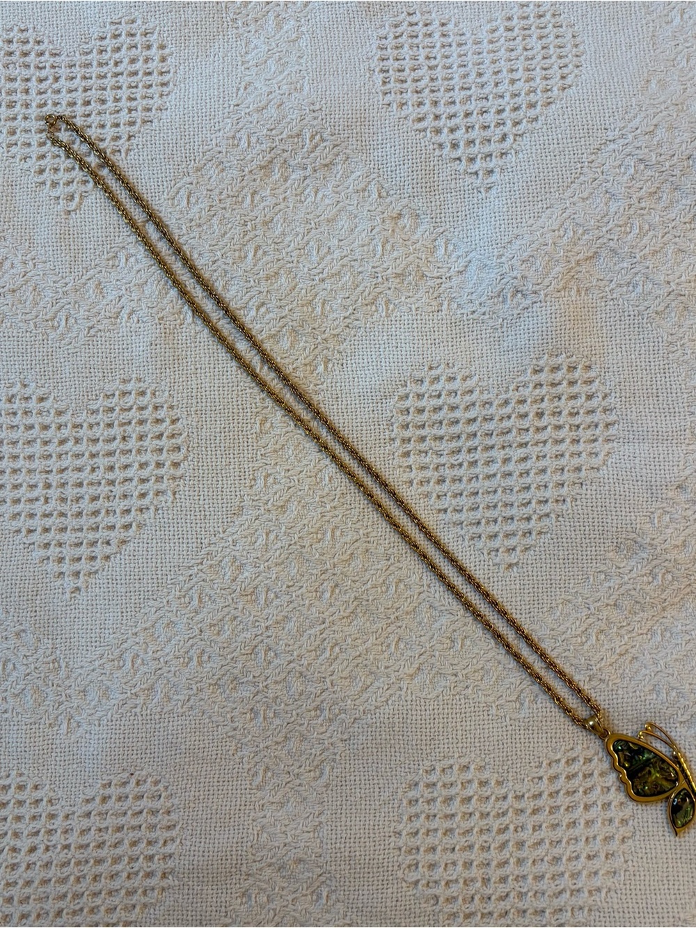Gold Butterfly Pendant Necklace with Green Enamel Accent